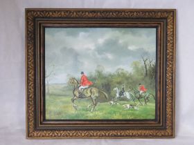 Oil on canvas, contemporary hunting scene, huntsman with hounds at foot,