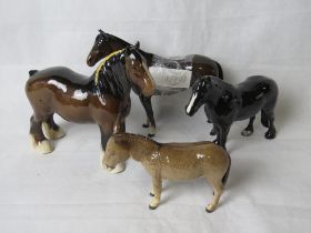 A Beswick Shire horse together with two Bewsick horses (one a/f to ear) and a Beswick Donkey.