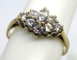 9ct gold ring set with white stones, hallmarked 375, size J.