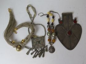 Four hand made necklaces of various form inc a white metal Tibetan bead necklace having white metal