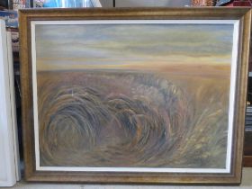 A large contemporary oil on canvas of a wheat field at sunset, sight size 121 x 90acm.