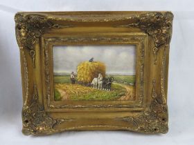 Oil on board, hay baling scene with horse and cart, signed H Wood, 17 x 12cm,