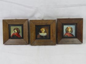 Three amusing dog portraits in human clothing, miniature style oils in pine frames,