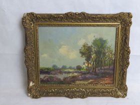 Oil painting, cottage in the distance, trees before, unsigned.