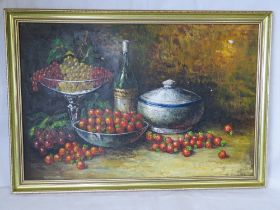 Oil on canvas, contemporary study 'strawberries and grapes' within contemporary framer,