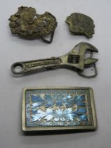 Four assorted vintage belt buckles, spanner design by Bergamot Brass works USA a/f.
