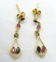 A pair of earrings set with sapphires, rubies and peridots, butterfly backs stamped 18k, 1.3g.