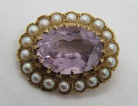 A 9ct gold amethyst and pearl brooch,