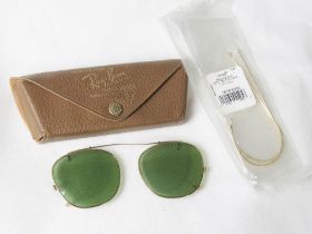 Rayban - a pair of vintage gold tone clip-on Aviator sunglasses with green lenses and branded case.