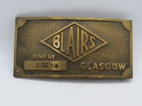 A vintage Blairs Glasgow belt buckle, Pump No 20284.