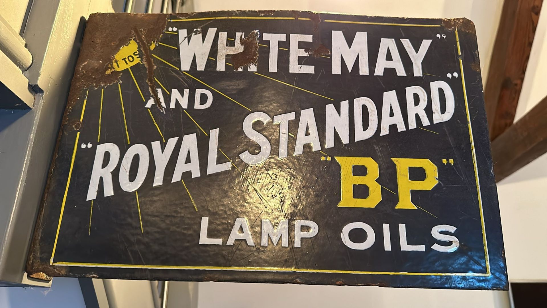 A vintage double-sided enamelled advertising sign for White May and Royal Standard BP OIl Lamps, - Image 3 of 3