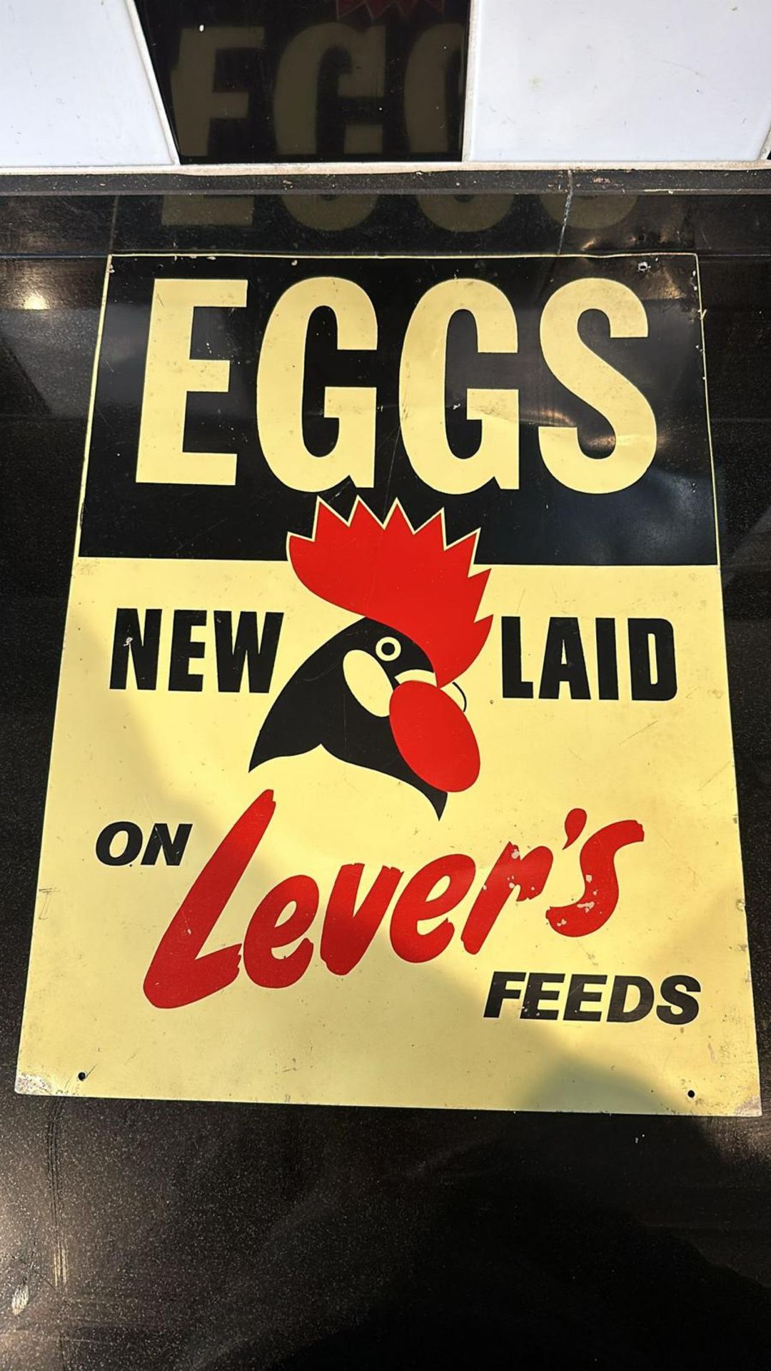 A vintage enamelled advertising sign for Lever's Eggs, approx 45 x 34cm (17.5 x 13.5").