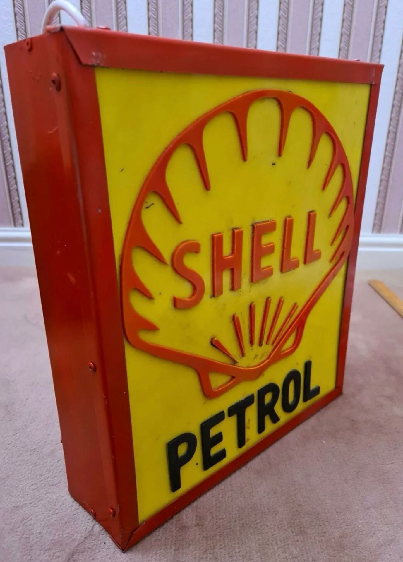 A contemporary illuminated Shell Petrol box sign, approx 42 x 36 x 10cm.