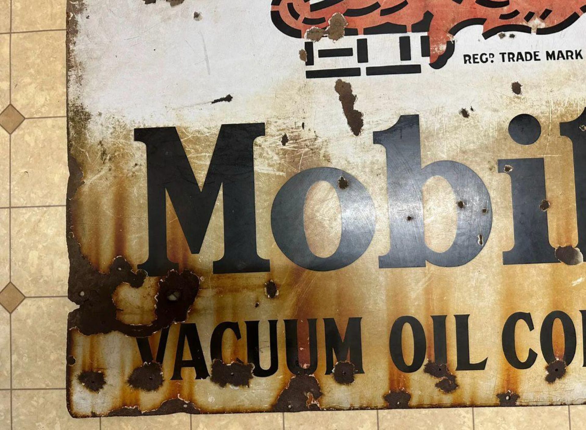 A vintage enamelled advertising sign for Mobiloil Gargoyle, approx 115 x 77cm (45" x 30"). - Image 3 of 7