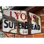 A vintage enamelled double-sided advertising sign for Lyons SuperBread, wall mounted,