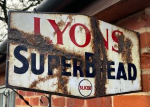 A vintage enamelled double-sided advertising sign for Lyons SuperBread, wall mounted,