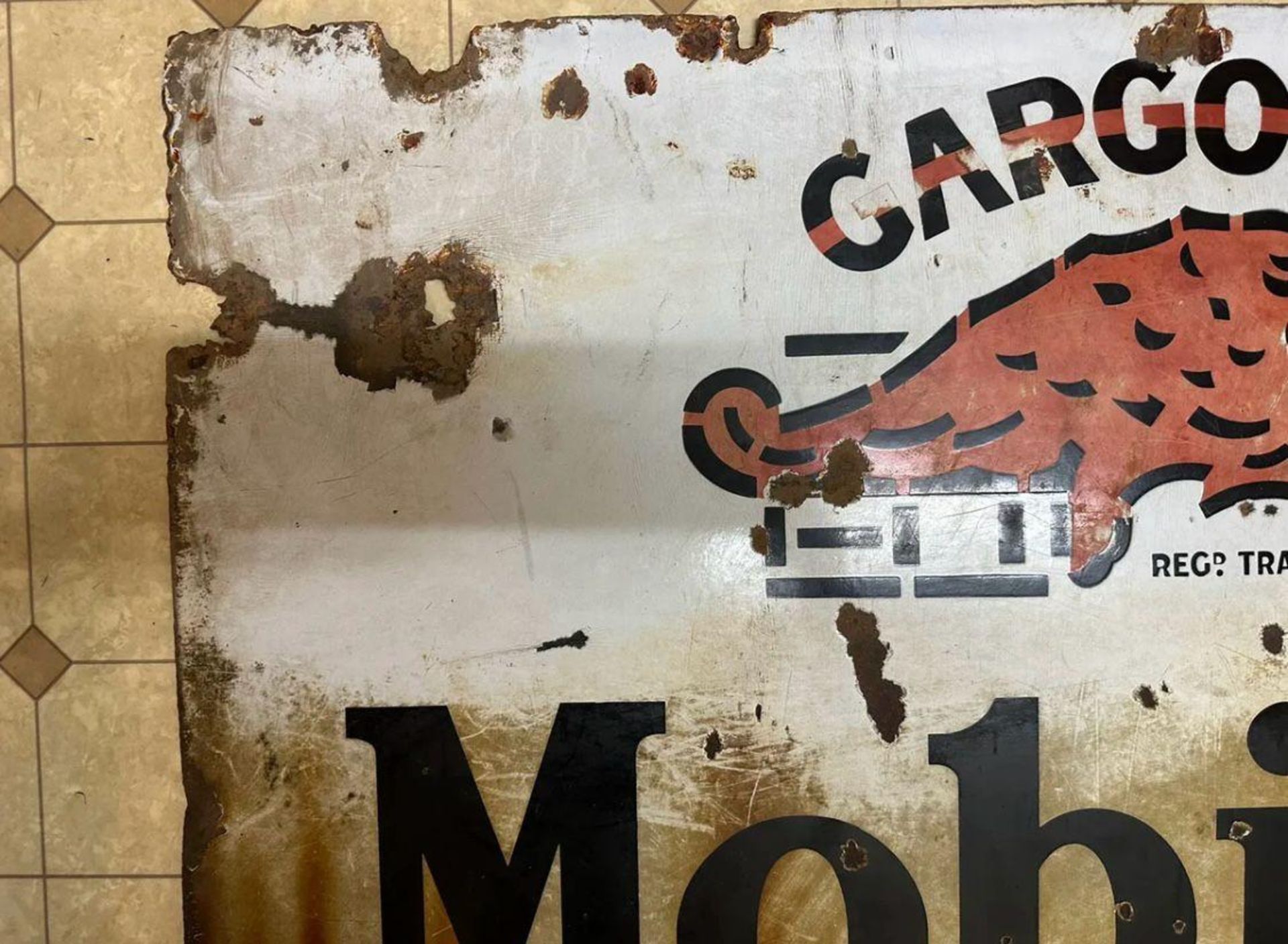 A vintage enamelled advertising sign for Mobiloil Gargoyle, approx 115 x 77cm (45" x 30"). - Image 4 of 7