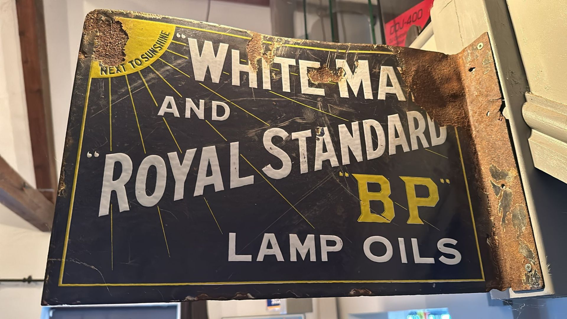 A vintage double-sided enamelled advertising sign for White May and Royal Standard BP OIl Lamps, - Image 2 of 3