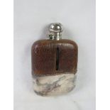 A James Dixon & Sons silver plated and snake skin covered glass hunting hip flask, approx 17.