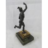 A cast metal sculpture of Hermes raised over marble base, all standing 25cm high.