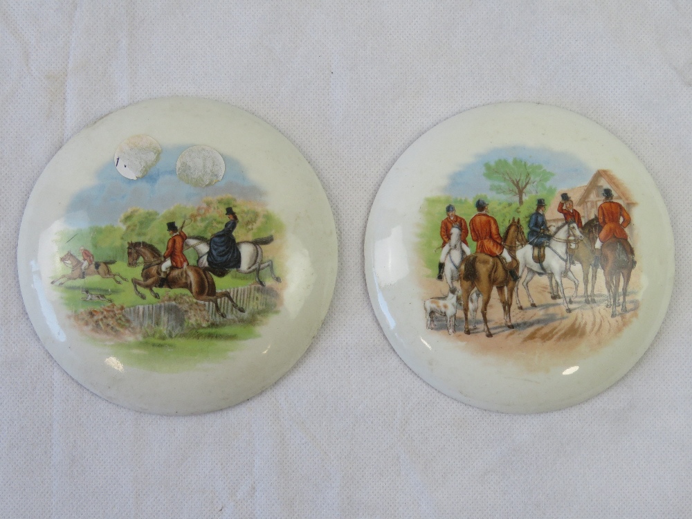 A pair of Pratt style pot lids, each having hunting scene upon.