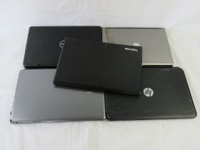 Five assorted laptops showing obvious damage of missing parts.