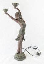 A contemporary bronze effect table lamp in the form of an Art Nouveau woman, total height 77cm.
