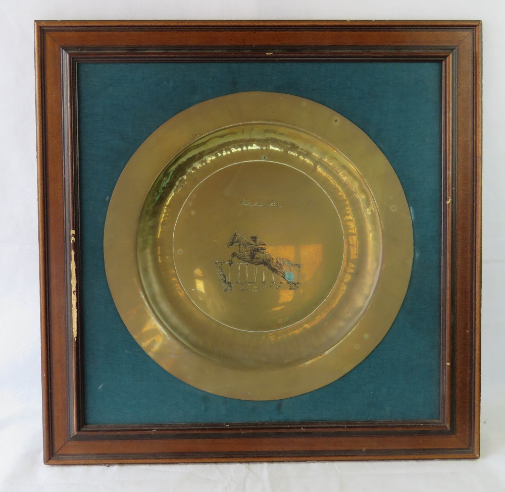 A large brass 'Fakenham Races' horse racing presentation plate in open frame, dia 45cm,