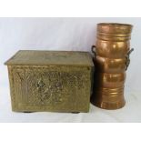 A copper stick stand 48cm high, and a brass covered log box. Two items.