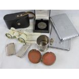 A quantity of assorted collectables including collapable tot cup with watch style case,