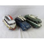 Three contemporary metal VW Beetle and Camper models