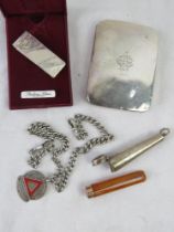 An amber and 9ct gold cheroot holder in hallmarked silver case,
