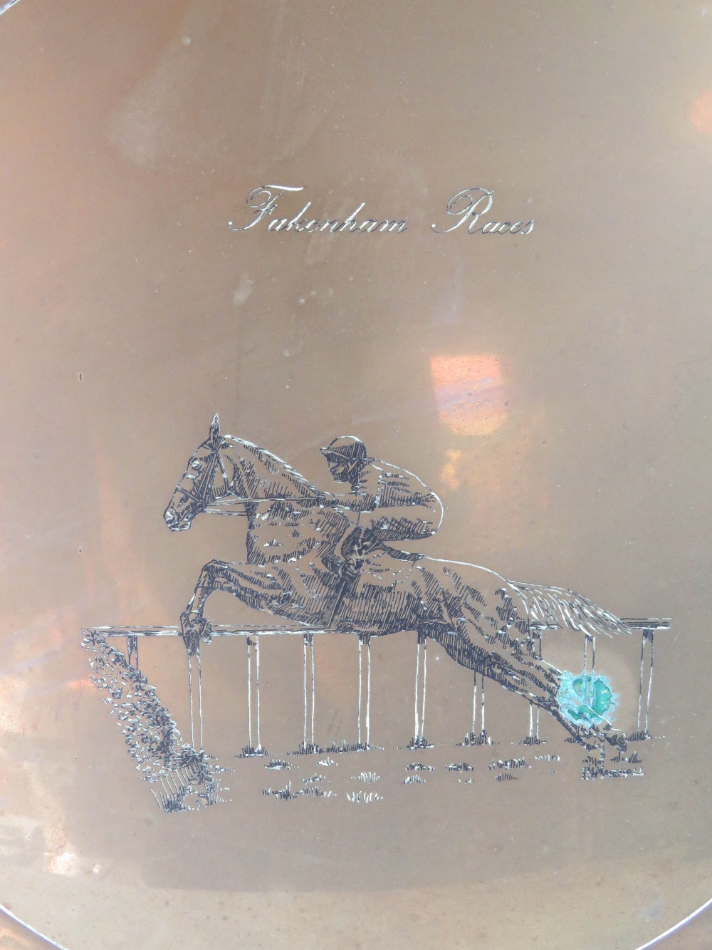 A large brass 'Fakenham Races' horse racing presentation plate in open frame, dia 45cm, - Image 2 of 2