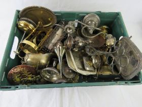 A quantity of assorted silver plate and brass ornaments including oil lamp, no shade.