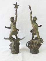 A pair of Art Nouveau spelter figures, La Nuit and La Jour?, 44cm and 42cm high respectively.