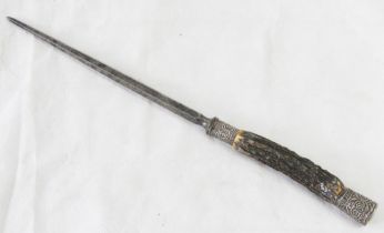 A meat skewer having antler and hallmarked silver handle.