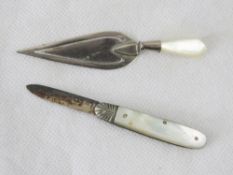 A hallmarked silver and mother of pearl fruit knife together with a white metal and mother of pearl