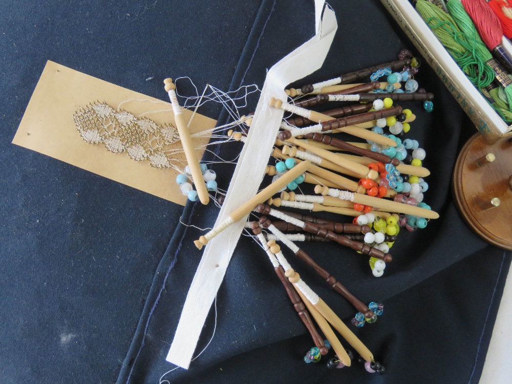 Two lace making cushions with a large quantity of bobbins, also a box of cotton thread etc. - Image 2 of 4