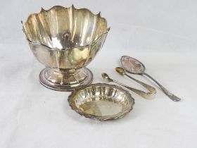 A quantity of hallmarked silver items including Mappin & Webb bonbon dish a/f, sugar tongs,