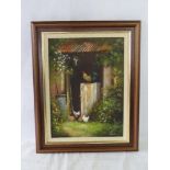 A contemporary oil painting of a stable door with cockerel and chickens, framed,