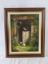 A contemporary oil painting of a stable door with cockerel and chickens, framed,