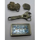 Four assorted vintage belt buckles, spanner design by Bergamot Brass works USA a/f.