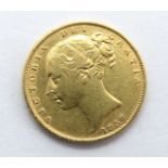 An 1856 Victoria shield back full sovereign, 8g, 22ct gold.