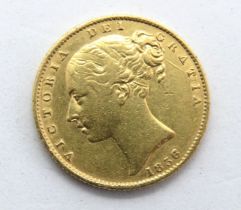 An 1856 Victoria shield back full sovereign, 8g, 22ct gold.