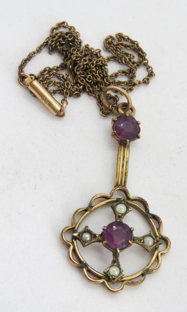 An Edwardian pendant on original 9ct gold necklace, barrel clasp stamped 9ct,