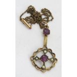 An Edwardian pendant on original 9ct gold necklace, barrel clasp stamped 9ct,