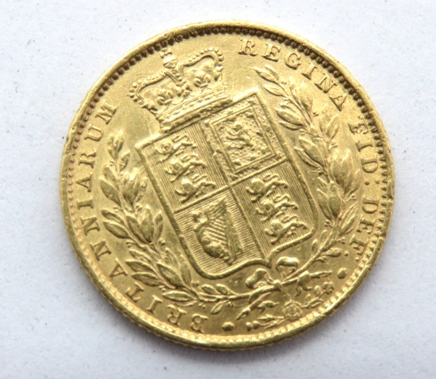 An 1856 Victoria shield back full sovereign, 8g, 22ct gold. - Image 2 of 2