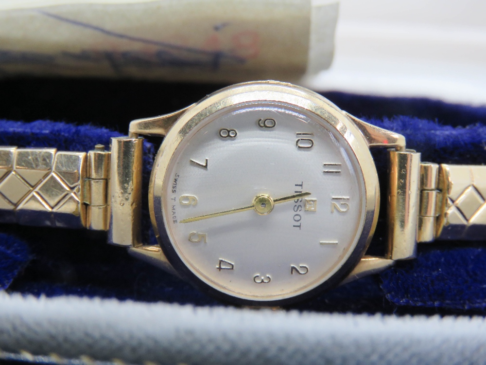 A 1960's 9ct gold Tissot ladies wristwatch on expanding Excalibur strap, within original box. - Image 2 of 5
