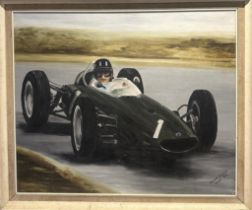 Original oil on canvas; Graham Hill driving his Lotus No1, signed lower right Sylvia Smith 1963,