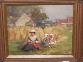 A.P. DIXON (LATE 19th/EARLY 20th CENTURY), MOTHER AND CHILDREN IN A MEADOW, SIGNED, OIL ON CANVAS,